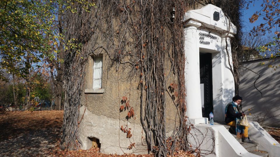 Стара мазилка с малък прозорец на ниска сграда, почти изцяло обрасла с голи увивни растения, с бял входен портал и стълби към тъмна врата. Около сградата има дървета и паднали есенни листа на земята.