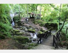 A forest setting with a small wooden footbridge crossing a rocky stream surrounded by lush green trees. A stone pavilion with a red roof is visible in the background near the stream.