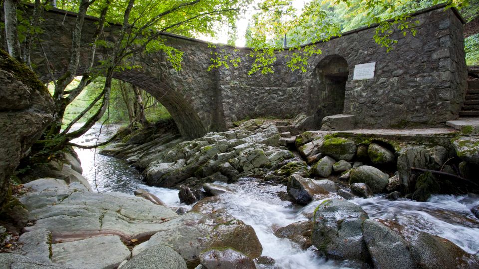 A stone bridge with an arched design spans over a flowing rocky stream, surrounded by lush green trees. The bridge features a small doorway and steps on the right side, with moss-covered rocks and natural vegetation enhancing the setting.