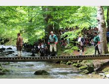 A forest setting with a wooden footbridge crossing over a shallow stream surrounded by rocks and dense green foliage. A crowd is gathered among the trees in the background, obscured by the branches.