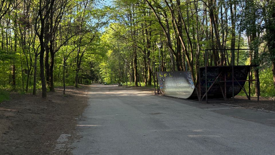 Широка асфалтова алея в горски парк, обградена от високи дървета с гъста зелена корона и няколко улични лампи. Вдясно има метална скейт рампа с графити и ограждение.