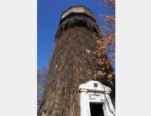 Висока цилиндрична кула, почти изцяло обрасла с увивни растения, заснета отдолу на фона на ясно синьо небе. В основата се вижда бял вход с надпис „CONTEMPORARY ART GALLERY“, а отстрани има клони на дървета с есенни листа.