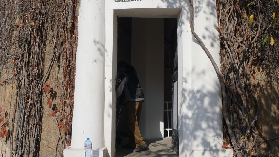 Бял вход с колони и фронтон към галерия за съвременно изкуство, до който водят няколко бетонни стъпала. Около портала има стени, обрасли със сухи лози и есенни листа.