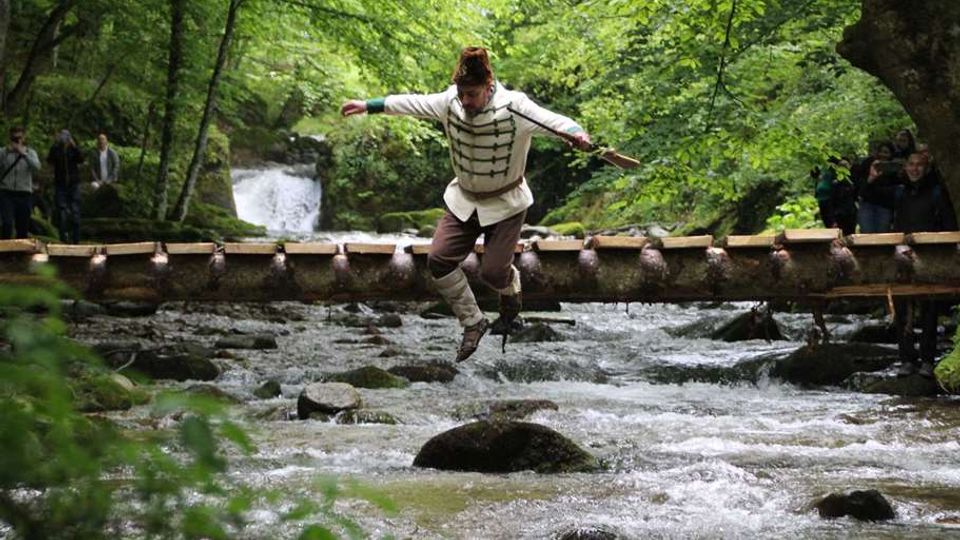 A forest setting with a wooden footbridge crossing over a shallow, rocky stream surrounded by lush green trees and foliage. A small waterfall is visible in the background.