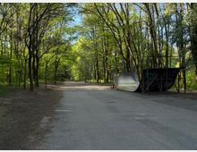 Широка асфалтова алея в горски парк, обградена от високи дървета с гъста зелена корона и няколко улични лампи. Вдясно има метална скейт рампа с графити и ограждение.